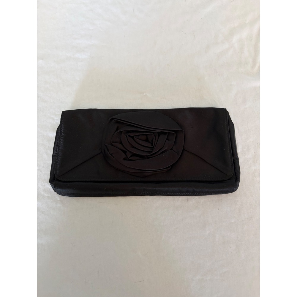 J.Crew Black Satin Rose Floral Evening Clutch Bag